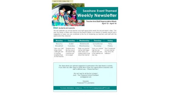 One Pager Seashore Event Themed Weekly Newsletter PDF Document PPT Template