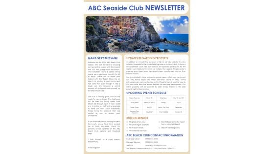 One Pager Seaside Club Newsletter PDF Document PPT Template