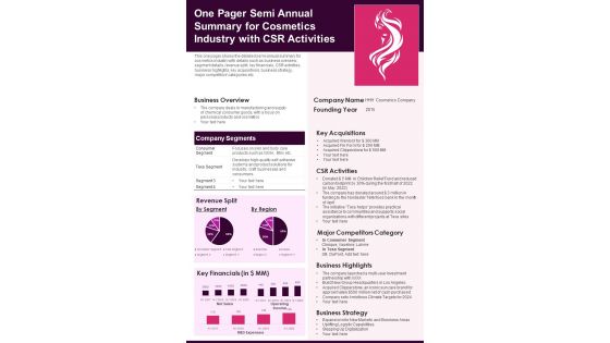 One Pager Semi Annual Summary For Cosmetics Industry With CSR Activities PDF Document PPT Template