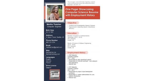 One Pager Showcasing Computer Science Resume With Employment History PDF Document PPT Template