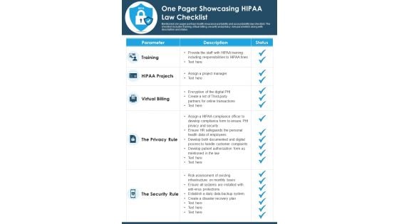 One Pager Showcasing HIPAA Law Checklist PDF Document PPT Template One Pager Showcasing HIPAA Law Checklist PDF Document PPT Template