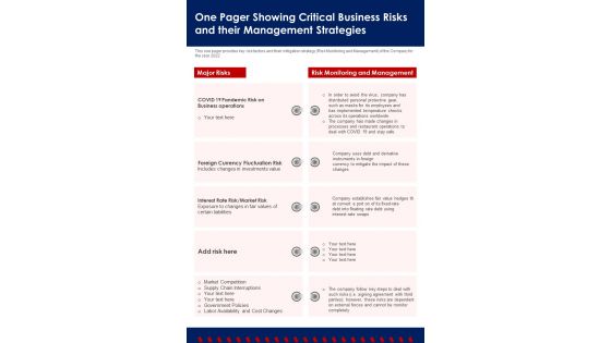 One Pager Showing Critical Business Risks And Their Management Strategies PDF Document PPT Template