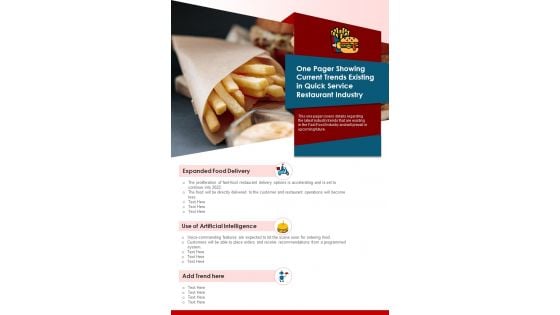 One Pager Showing Current Trends Existing In Quick Service Restuarant Industry PDF Document PPT Template