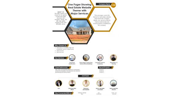 One Pager Showing Real Estate Website Theme With Major Services PDF Document PPT Template