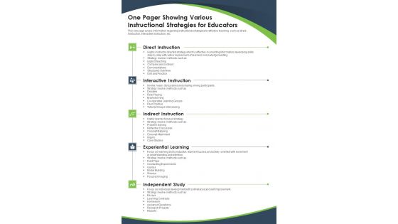 One Pager Showing Various Instructional Strategies For Educators PDF Document PPT Template One Pager Showing Various Instructional Strategies For Educators PDF Document PPT Template