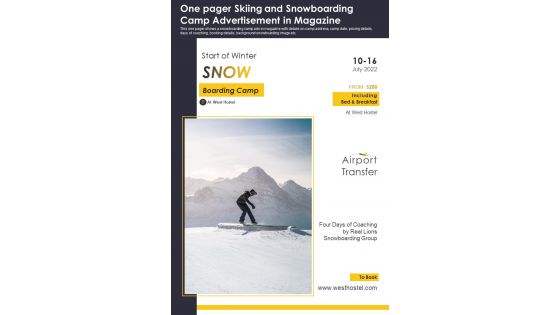 One Pager Skiing And Snowboarding Camp Advertisement In Magazine PDF Document PPT Template