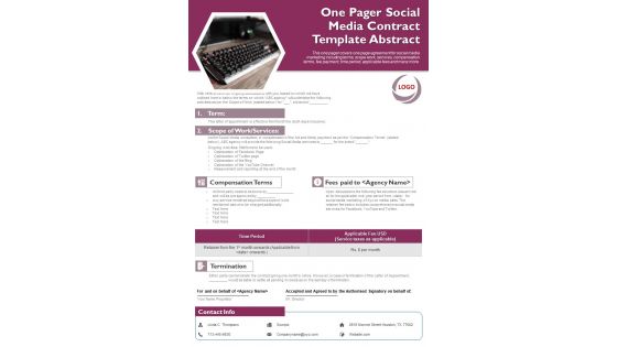 One Pager Social Media Contract Template Abstract PDF Document PPT Template