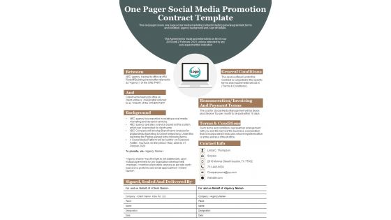 One Pager Social Media Promotion Contract Template PDF Document PPT Template