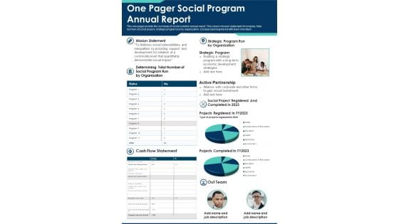 One Pager Social Program Annual Report PDF Document PPT Template