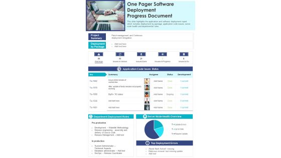 One Pager Software Deployment Progress Document PDF Document PPT Template