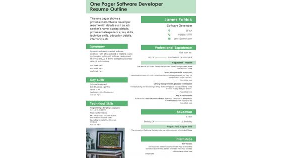 One Pager Software Developer Resume Outline PDF Document PPT Template