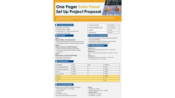 One Pager Solar Panel Set Up Project Proposal PDF Document PPT Template