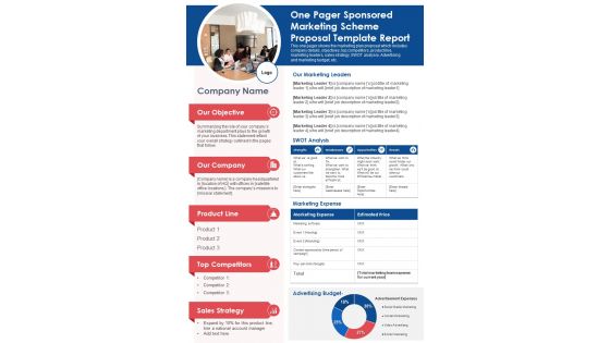 One Pager Sponsored Marketing Scheme Proposal Template Report PDF Document PPT Template