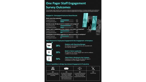 One Pager Staff Engagement Survey Outcomes PDF Document PPT Template