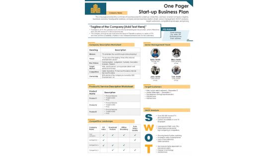 One Pager Start Up Business Plan PDF Document PPT Template