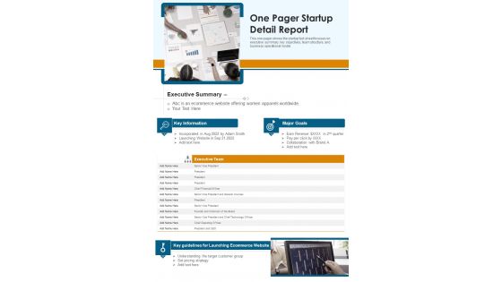 One Pager Startup Detail Report PDF Document PPT Template