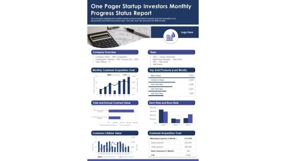 One Pager Startup Investors Monthly Progress Status Report PDF Document PPT Template One Pager Startup Investors Monthly Progress Status Report PDF Document PPT Template