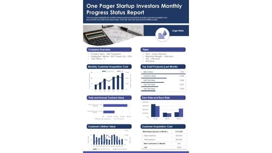 One Pager Startup Investors Monthly Progress Status Report PDF Document PPT Template