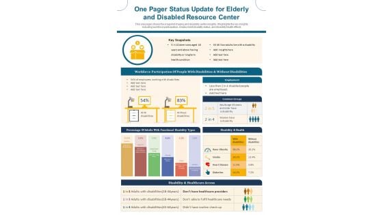 One Pager Status Update For Elderly And Disabled Resource Center PDF Document PPT Template