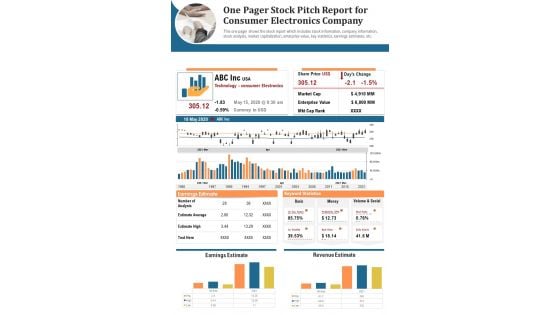 One Pager Stock Pitch Report For Consumer Electronics Company PDF Document PPT Template