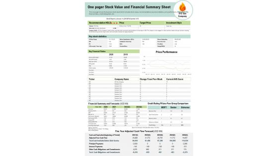 One Pager Stock Value And Financial Summary Sheet PDF Document PPT Template