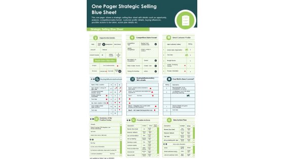 One Pager Strategic Selling Blue Sheet PDF Document PPT Template