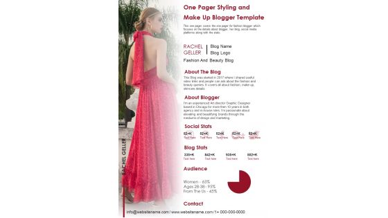 One Pager Styling And Make Up Blogger Template PDF Document PPT Template