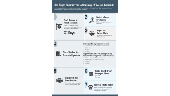 One Pager Summary For Addressing HIPAA Law Complaint PDF Document PPT Template One Pager Summary For Addressing HIPAA Law Complaint PDF Document PPT Template