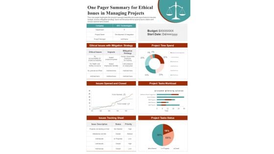 One Pager Summary For Ethical Issues In Managing Projects PDF Document PPT Template