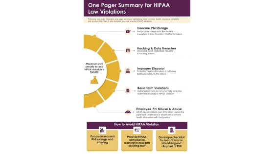 One Pager Summary For HIPAA Law Violations PDF Document PPT Template