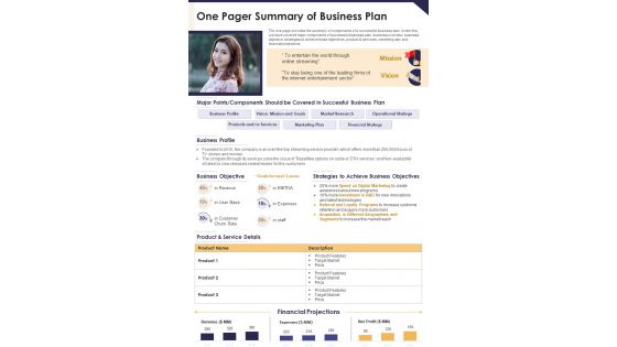 One Pager Summary Of Business Plan PDF Document PPT Template