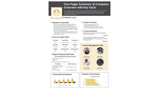 One Pager Summary Of Company Overview With Key Facts PDF Document PPT Template