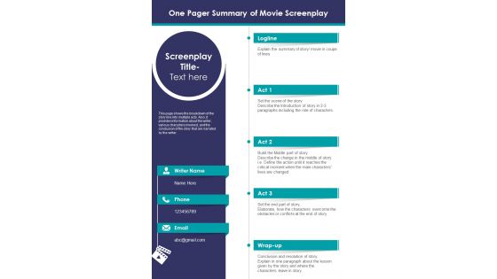 One Pager Summary Of Movie Screenplay PDF Document PPT Template