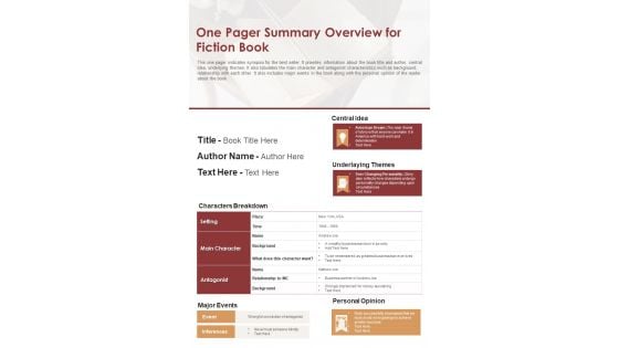 One Pager Summary Overview For Fiction Book PDF Document PPT Template