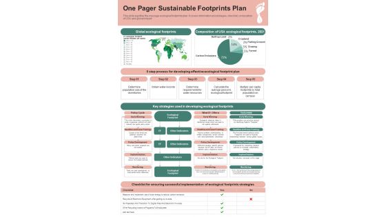 One Pager Sustainable Footprints Plan PDF Document PPT Template