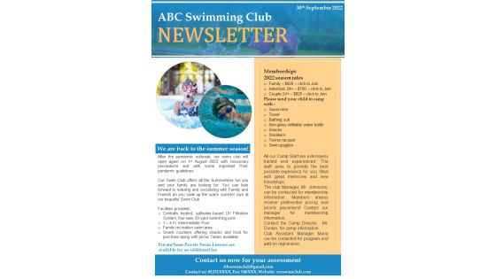 One Pager Swimming Club Updates Newsletter PDF Document PPT Template