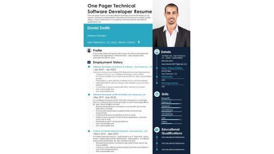 One Pager Technical Software Developer Resume PDF Document PPT Template