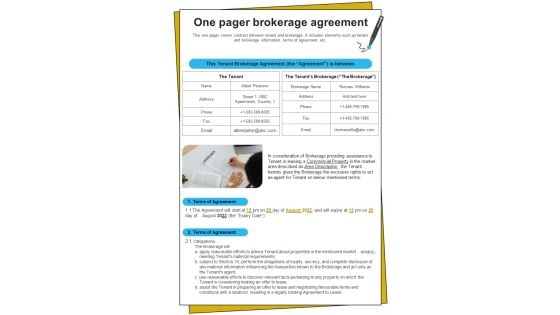 One Pager Tenant Brokerage Agreement PDF Document PPT Template