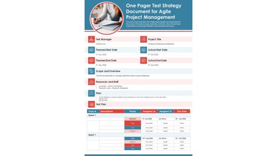 One Pager Test Strategy Document For Agile Project Management PDF Document PPT Template