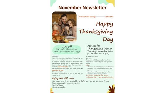 One Pager Thanksgiving Day Promotional Newsletter PDF Document PPT Template