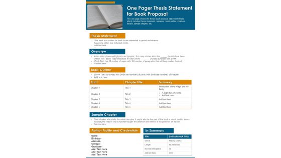 One Pager Thesis Statement For Book Proposal PDF Document PPT Template