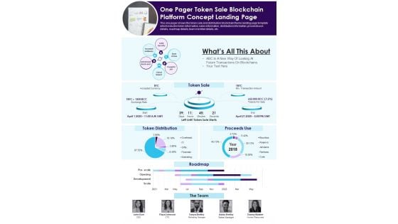 One Pager Token Sale Blockchain Platform Concept Landing Page PDF Document PPT Template