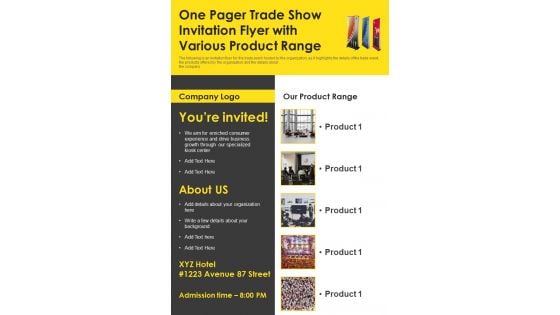 One Pager Trade Show Invitation Flyer With Various Product Range PDF Document PPT Template