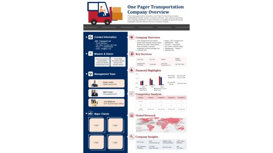 One Pager Transportation Company Overview PDF Document PPT Template