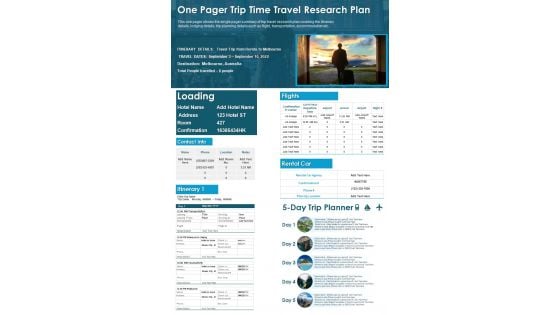 One Pager Trip Time Travel Research Plan PDF Document PPT Template