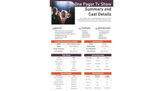 One Pager Tv Show Summary And Cast Details PDF Document PPT Template