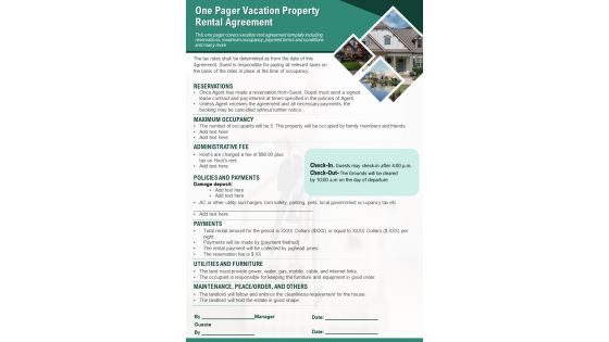 One Pager Vacation Property Rental Agreement PDF Document PPT Template