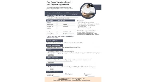 One Pager Vacation Rental And Payment Agreement PDF Document PPT Template One Pager Vacation Rental And Payment Agreement PDF Document PPT Template