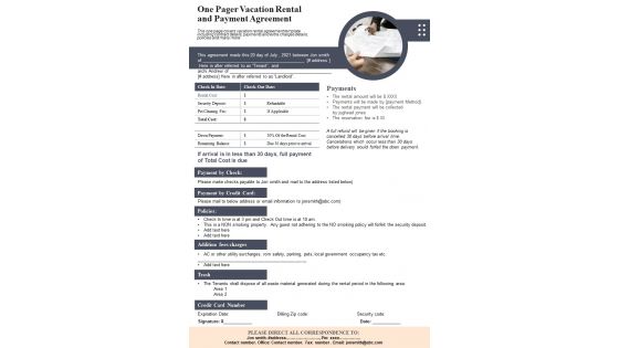 One Pager Vacation Rental And Payment Agreement PDF Document PPT Template