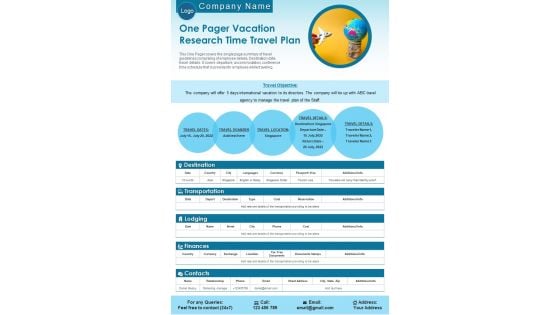 One Pager Vacation Research Time Travel Plan PDF Document PPT Template